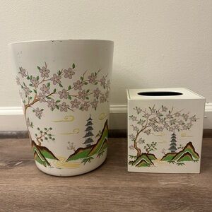 Andre Richard Antique Japanese Pagoda Design Wastebasket and Tissue Box Set